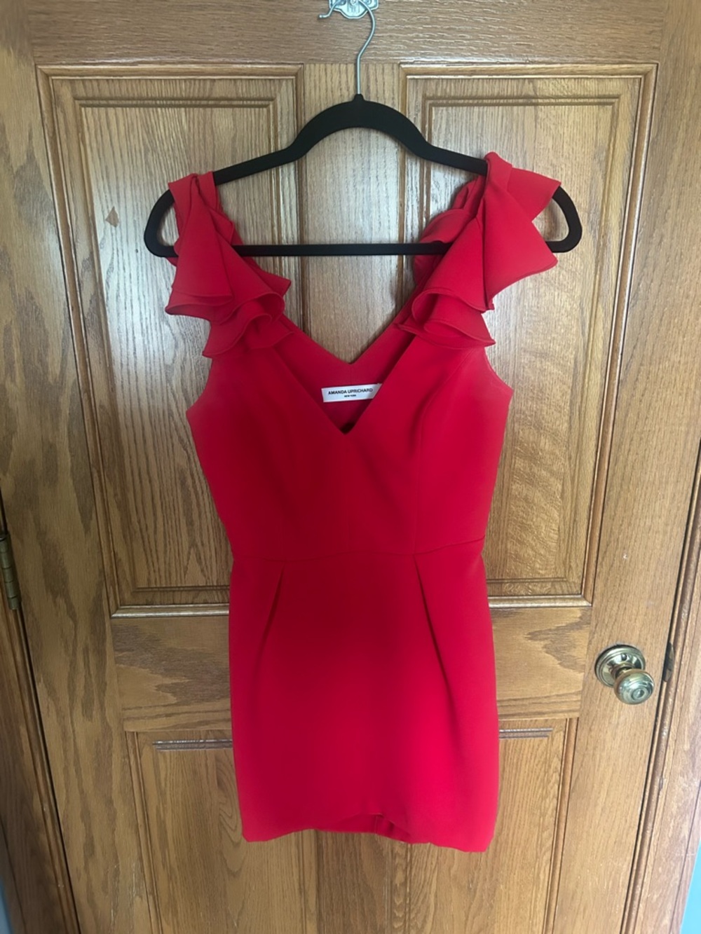 Amanda Uprichard Red Ruffle-Shoulder V-Neck Mini Dress